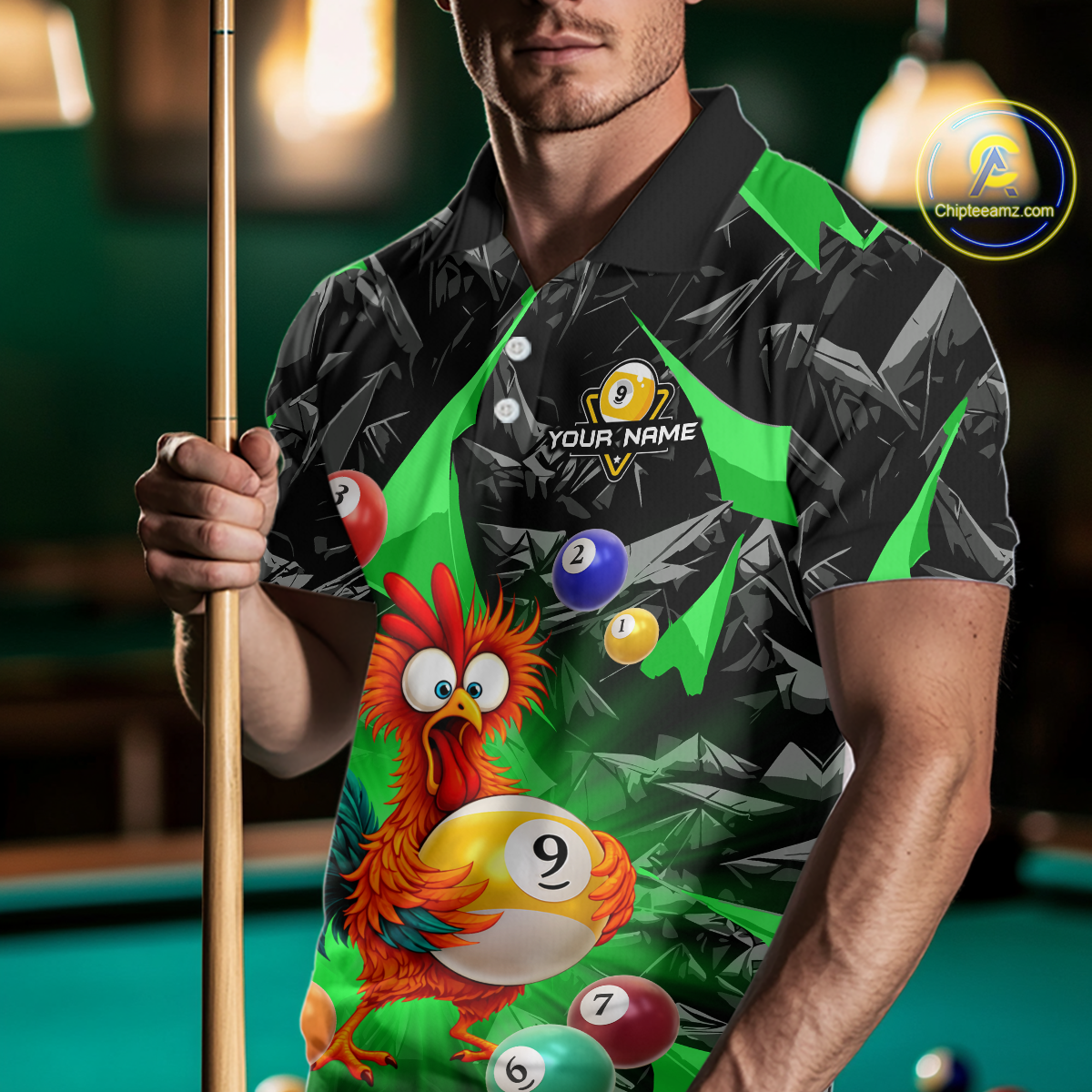 Custom Funny Green Chicken 9 Ball Pool Billiard Shirt for Men Polo & 1/4 Zip, Billiard Team Jerseys NNT157