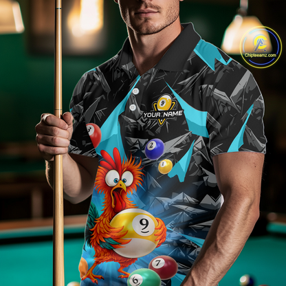 Custom Funny Turquoise Chicken 9 Ball Pool Billiard Shirt for Men Polo & 1/4 Zip, Billiard Team Jerseys NNT157