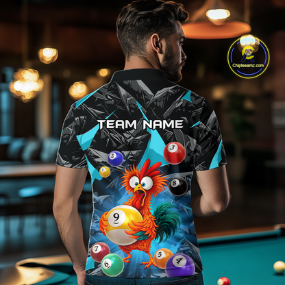 Custom Funny Turquoise Chicken 9 Ball Pool Billiard Shirt for Men Polo & 1/4 Zip, Billiard Team Jerseys NNT157