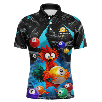 Custom Funny Turquoise Chicken 9 Ball Pool Billiard Shirt for Men Polo & 1/4 Zip, Billiard Team Jerseys NNT157