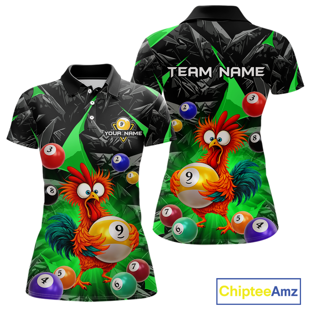 Custom Funny Green Chicken 9 Ball Pool Billiard Shirt for Women Polo & 1/4 Zip, Billiard Team Jerseys NNT157