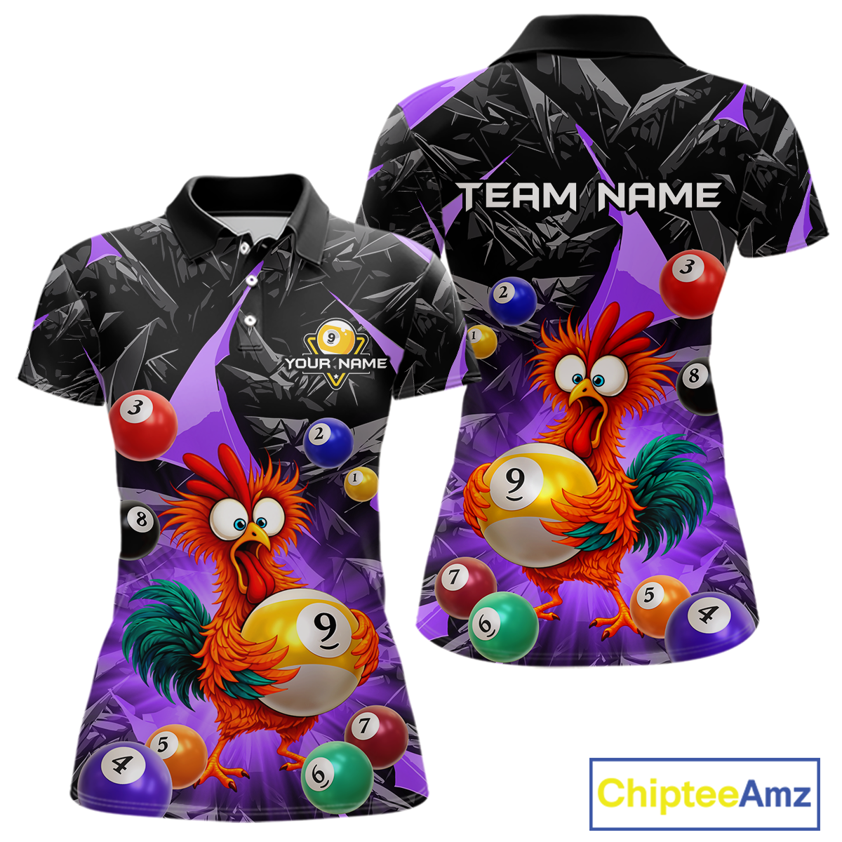 Custom Funny Purple Chicken 9 Ball Pool Billiard Shirt for Women Polo & 1/4 Zip, Billiard Team Jerseys NNT157