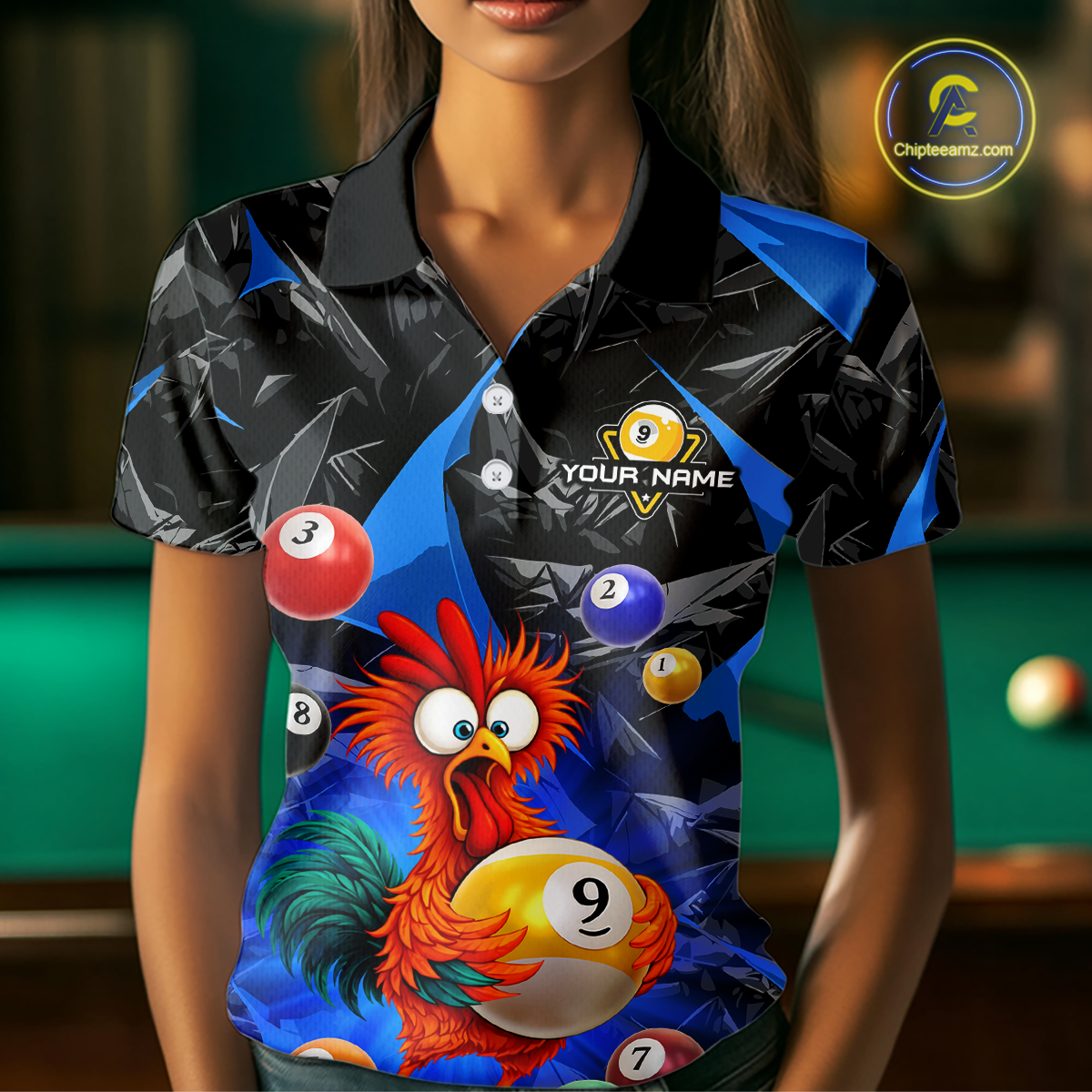 Custom Funny Blue Chicken 9 Ball Pool Billiard Shirt for Women Polo & 1/4 Zip, Billiard Team Jerseys NNT157
