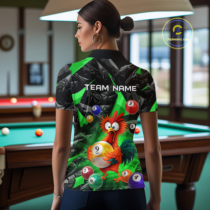 Custom Funny Green Chicken 9 Ball Pool Billiard Shirt for Women Polo & 1/4 Zip, Billiard Team Jerseys NNT157