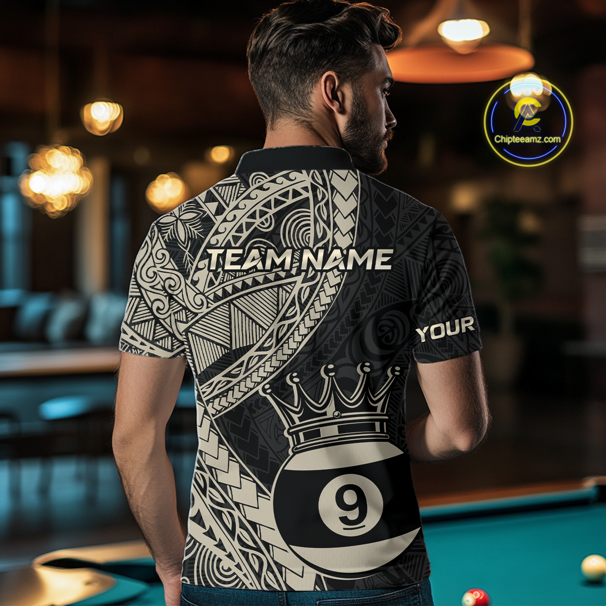 Custom Black and Gold Tribal 9 Ball Pool Billiard Shirt for Men Billiard League  Polo & 1/4 Zip NNT155