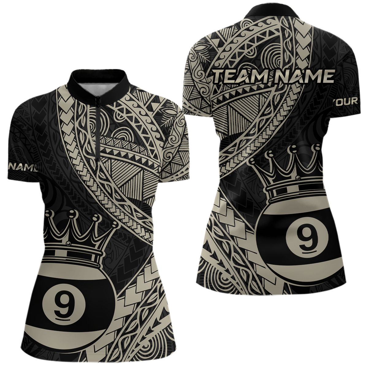Custom Black and Gold Tribal 9 Ball Pool Billiard Shirt for Women Billiard League  Polo & 1/4 Zip NNT155