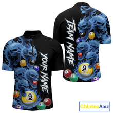 Load image into Gallery viewer, Custom Blue Flame Skull 9 Ball Pool Billiard Shirt for Men Polo &amp; 1/4 Zip, Billiard Team Jerseys NNT159