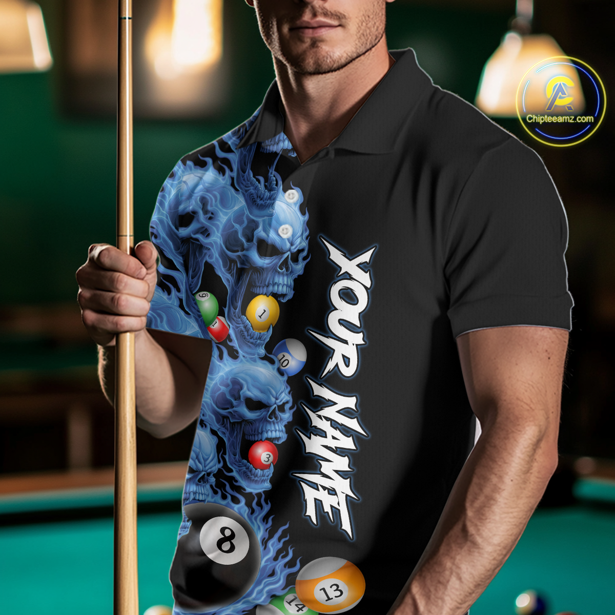 Custom Blue Flame Skull 8 Ball Pool Billiard Shirt for Men Polo & 1/4 Zip, Billiard Team Jerseys NNT160