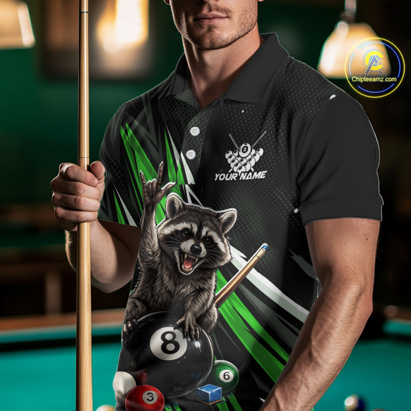 Custom Green Funny Raccoon 8 Ball Billiard Shirt for Men Billiard Team Jersey Billiard League NNT191