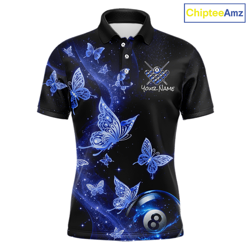 Custom Blue Butterfly Galaxy 8 Ball Billiard Shirt for Men Billiard Team Jersey Billiard League NNT192