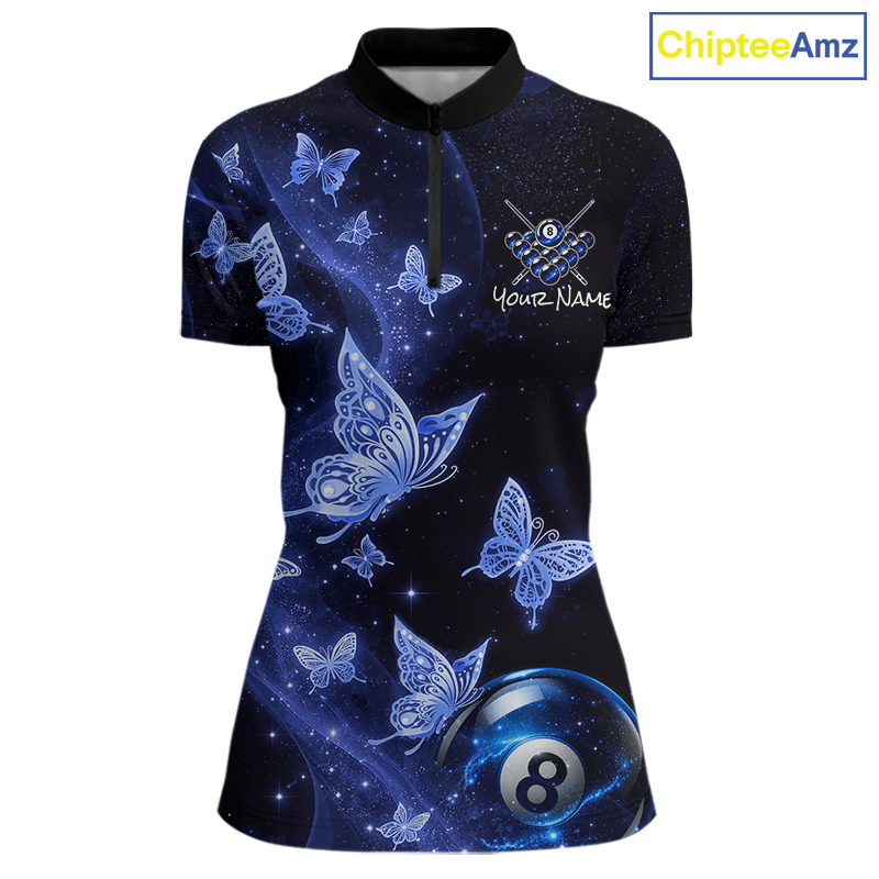 Custom Blue Butterfly Galaxy 8 Ball Billiard Shirt for Women Billiard Team Jersey Billiard League NNT192