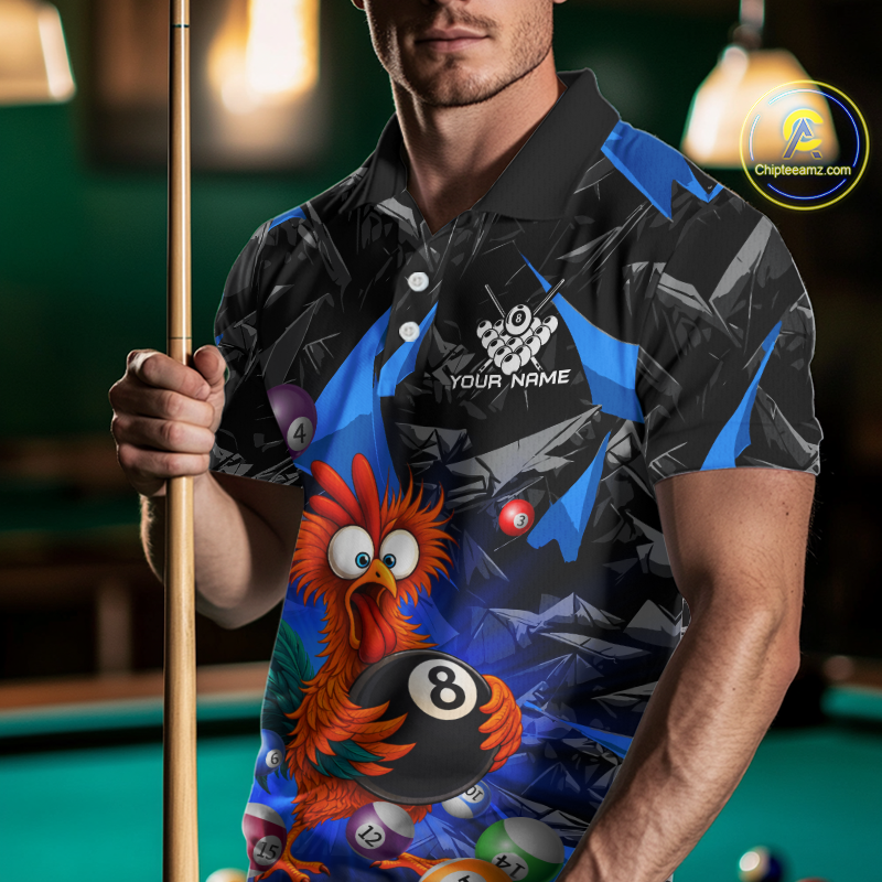 Custom Blue Funny Chicken 8 Ball & 9 Ball Billiard Shirt for Men Billiard Team Jerseys NNT190