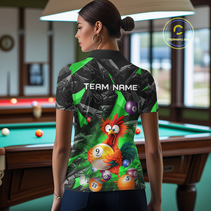 Custom Green Funny Chicken 8 Ball & 9 Ball Billiard Shirt for Women Billiard Team Jerseys NNT190