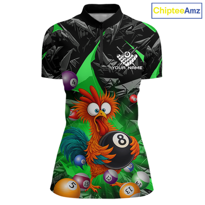 Custom Green Funny Chicken 8 Ball & 9 Ball Billiard Shirt for Women Billiard Team Jerseys NNT190