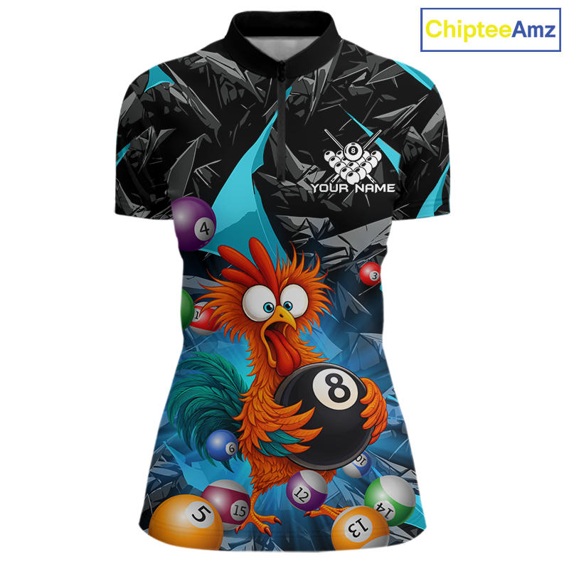 Custom Turquoise Funny Chicken 8 Ball & 9 Ball Billiard Shirt for Women Billiard Team Jerseys NNT190