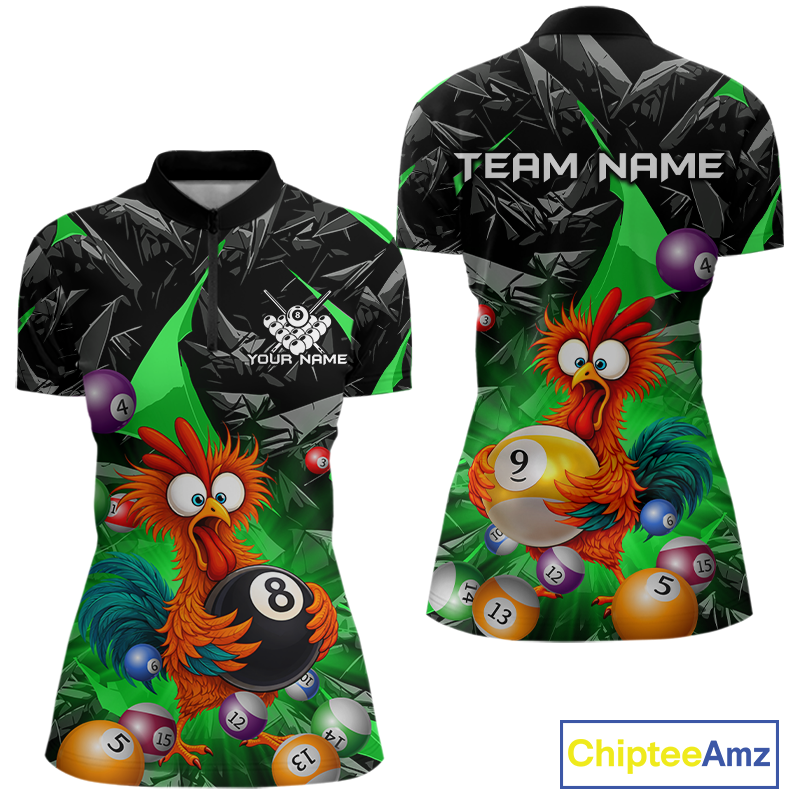 Custom Green Funny Chicken 8 Ball & 9 Ball Billiard Shirt for Women Billiard Team Jerseys NNT190
