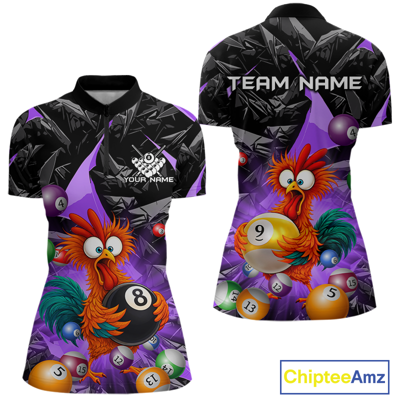 Custom Purple Funny Chicken 8 Ball & 9 Ball Billiard Shirt for Women Billiard Team Jerseys NNT190