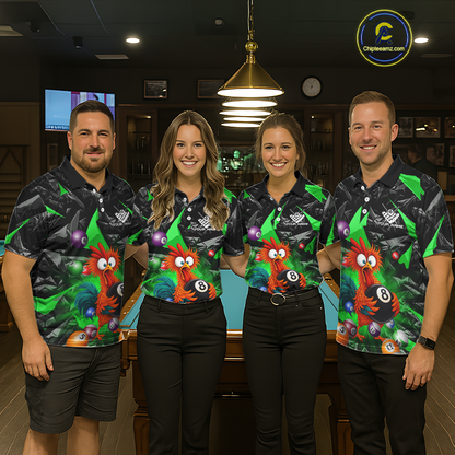 Custom Green Funny Chicken 8 Ball & 9 Ball Billiard Shirt for Men Billiard Team Jerseys NNT190