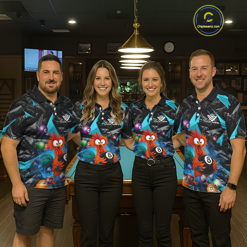 Custom Turquoise Funny Chicken 8 Ball & 9 Ball Billiard Shirt for Women Billiard Team Jerseys NNT190