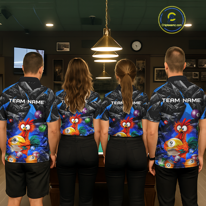 Custom Blue Funny Chicken 8 Ball & 9 Ball Billiard Shirt for Men Billiard Team Jerseys NNT190