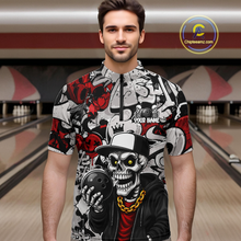 Load image into Gallery viewer, Man wearing a colorful graphic shirt with a skull design in a bowling alley.