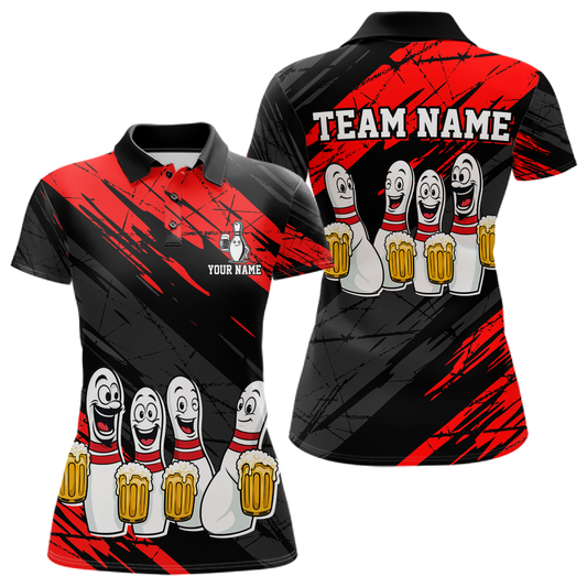 Custom Red Funny Bowling Tournament Jersey for Women Bowling Team Shirts Polo & 1/4 Zip HNT178