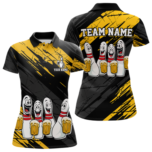 Custom Yellow Funny Bowling Tournament Jersey for Women Bowling Team Shirts Polo & 1/4 Zip HNT178