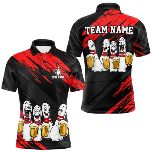 Custom Red Funny Bowling Tournament Jersey for Men Bowling Team Shirts Polo & 1/4 Zip HNT178