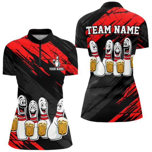 Custom Red Funny Bowling Tournament Jersey for Women Bowling Team Shirts Polo & 1/4 Zip HNT178