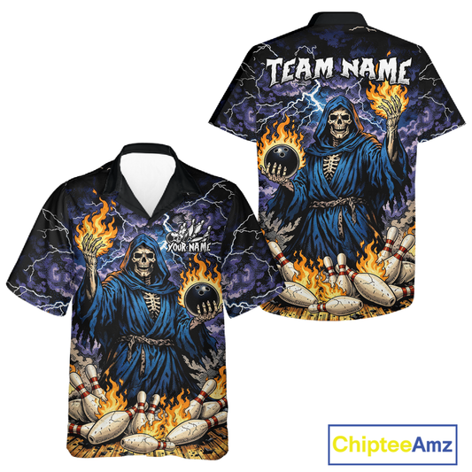 Custom Flame Grim Reaper Hawaiian Bowling Jersey for Men Women Bowling Team Shirts Bowling League HNT222