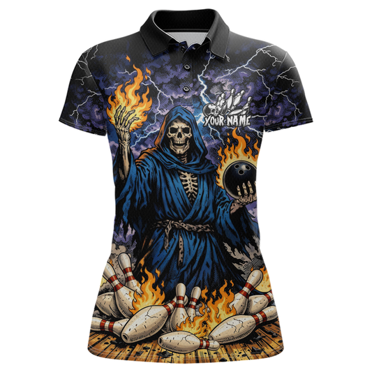 Custom Flame Grim Reaper Bowling Jersey for Women Polo & 1/4 Zip Bowling Team Shirts HNT222