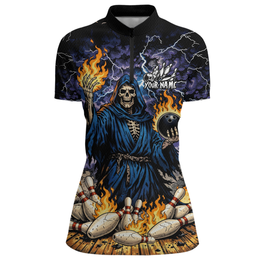 Custom Flame Grim Reaper Bowling Jersey for Women Polo & 1/4 Zip Bowling Team Shirts HNT222