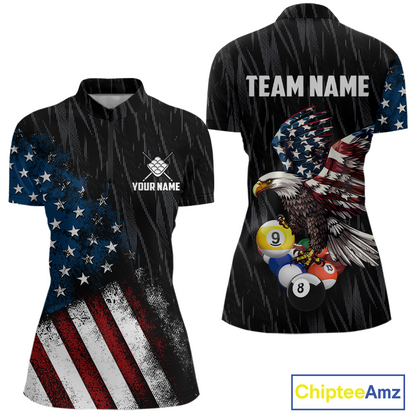 Front and back views of a customizable short-sleeve polo shirt featuring a patriotic American flag and bald eagle design with billiards on a black rain-styled background. The shirt includes placeholder text 'TEAM NAME' and 'YOUR NAME'.