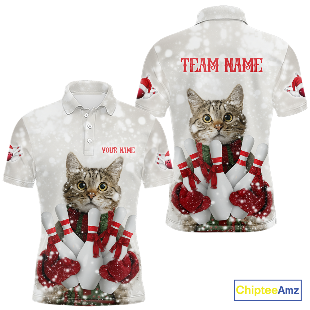 Custom Funny Cat Christmas Bowling Jersey for Men Polo & 1/4 Zip Bowling Team Shirts HNT145