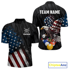 Load image into Gallery viewer, Front and back view personalized billiards quarter zip shirt with an eagle positioned above pool balls while flag artwork flows across the black layout.
