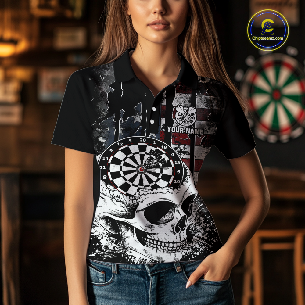 Custom American Flag Skull Dart Shirt Dart Team Jersey for Women Dartboard Shirts Dart League NNT176