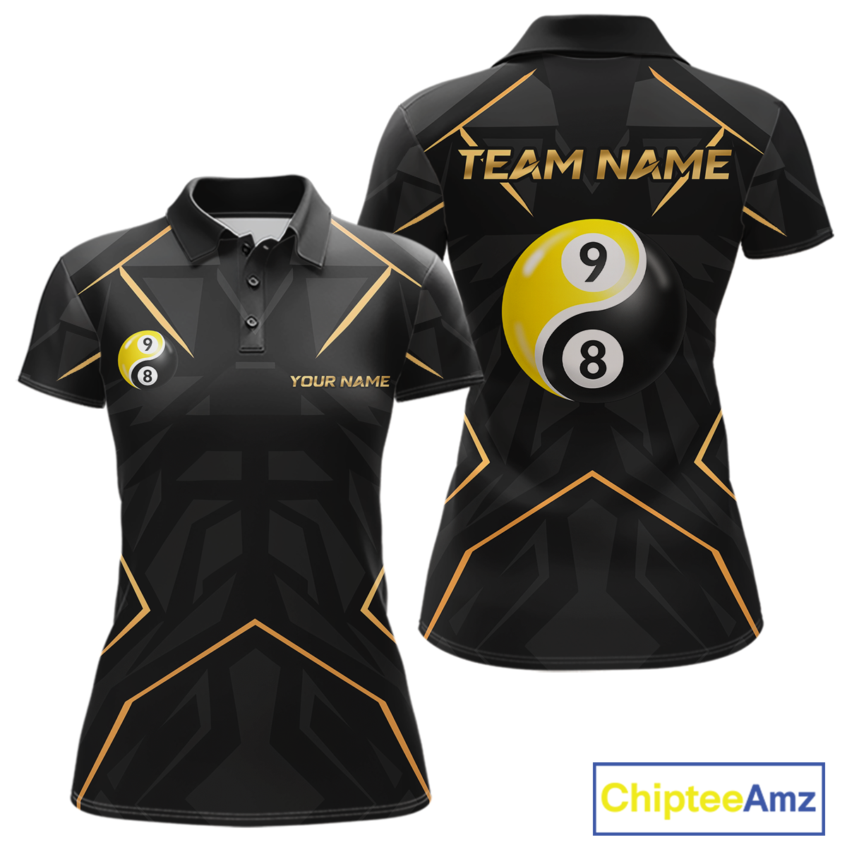 Custom Black Gold 8 Ball 9 Ball Yin Yang Pool Shirts Billiard Shirt for Women Billiard Team Jersey NNT179