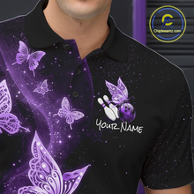 Load image into Gallery viewer, Custom Purple Galaxy Butterflies Bowling Shirt for Men Butterfly Bowling Team Jersey Bowling League HNT277