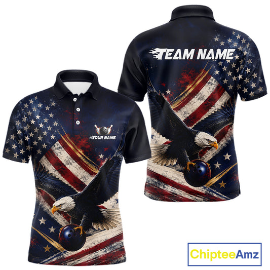 Custom us flag eagle bowling jersey for men, personalized team bowling polo shirt front view and back view.