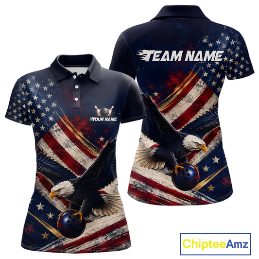 Custom us flag eagle bowling jersey for women, personalized team bowling polo shirt front view and back view.