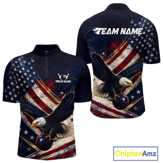 Custom us flag eagle bowling jersey for men, personalized team bowling quarter zip shirt front view and back view.