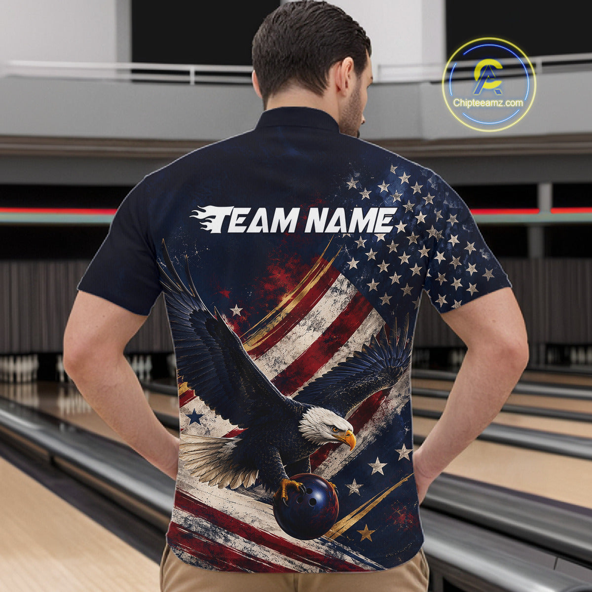 Men’s us flag eagle bowling quarter zip shirt, back view on male model in bowling lane 