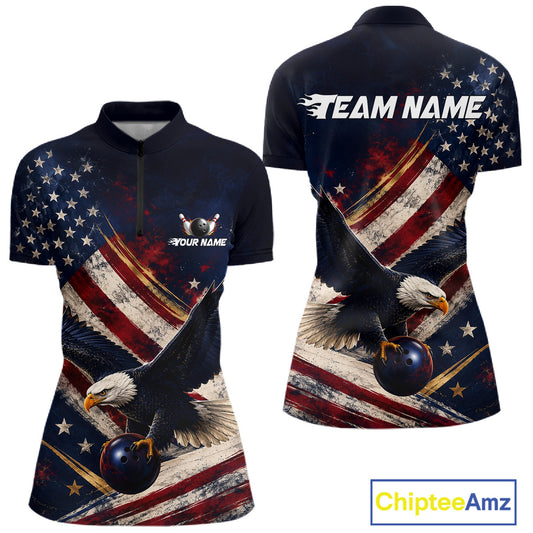 Custom us flag eagle bowling jersey for women, personalized team bowling quarter zip shirt front view and back view.
