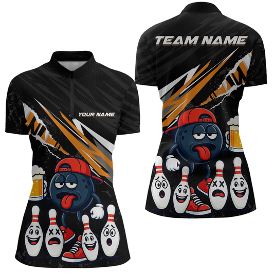 Custom Orange Beer Bowling Jersey for Women Bowling Team Shirts Bowling Uniform Polo & 1/4 Zip HNT133