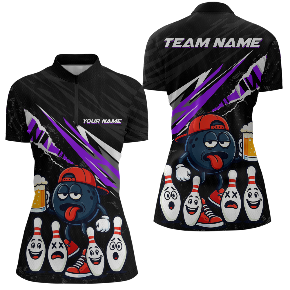 Custom Purple Beer Bowling Jersey for Women Bowling Team Shirts Bowling Uniform Polo & 1/4 Zip HNT133