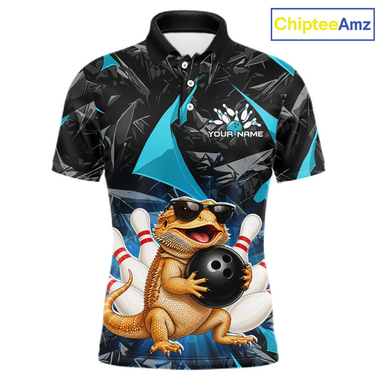 Custom turquoise bearded dragon bowling jersey for men, personalized team bowling quarter zip shirt front view