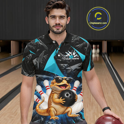Men’s turquoise bearded dragon bowling polo shirt, front view on male model in bowling lane 