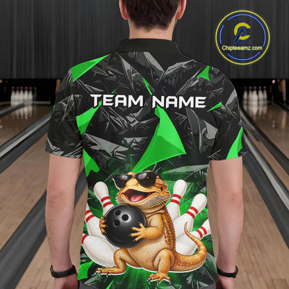 Men’s green bearded dragon bowling polo shirt, back view on male model in bowling lane 
