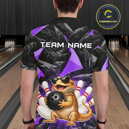 Men’s purple bearded dragon bowling polo shirt, back view on male model in bowling lane 