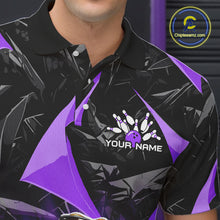 Load image into Gallery viewer, Men’s purple bearded dragon bowling polo shirt with custom name, angled front view showing custom team design 